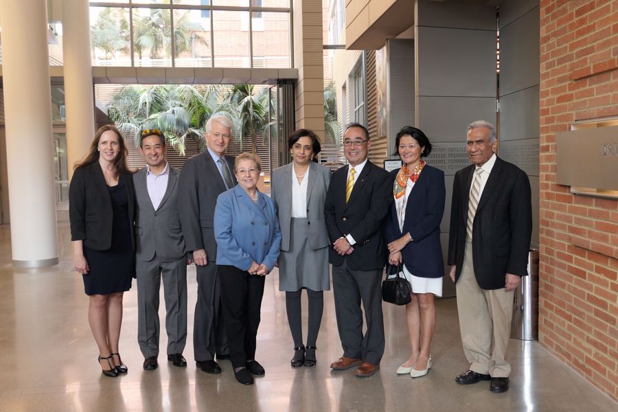 The UCLA School of Engineering officially opened its newest building, Engineering VI on 17 March 2018. (From left to right) Mr &amp; Mrs Stephen Mong, Chancellor Gene Block and Mrs Carol Block, Dean Jayathi Murthy, Mr &amp; Mrs David Mong, Chairman &amp; Group CEO of Shun Hing Group and Vijay K. Dhir, former dean pictured in front of the center entrance.